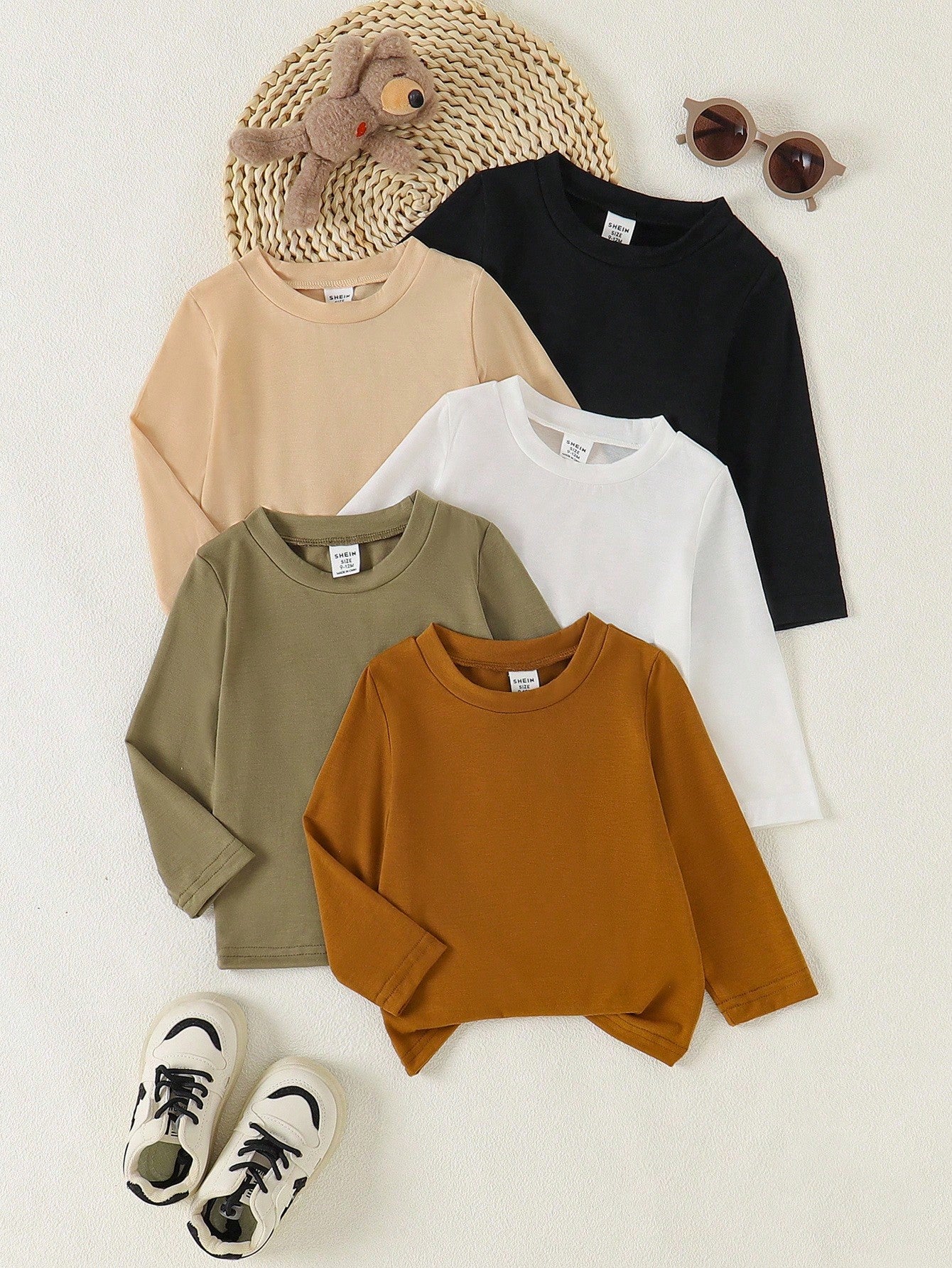 Vintaside Kids 5pcs/Set Toddler Boys' Casual Solid Round Neck Long Sleeve T-Shirts, Comfortable Versatile Sporty Style For Daily Wear, Spring/Autumn Fall Winter