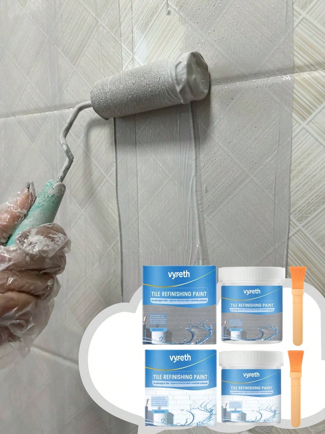 Water-Based Tile Refurbishment Paint, Multi-Surface Tile Recolor Coating, Waterproof And Scratch-Resistant Paint, Black/White/Grey, 100g/300g/500g With Brush, Suitable For Bathroom Shower Room Floors