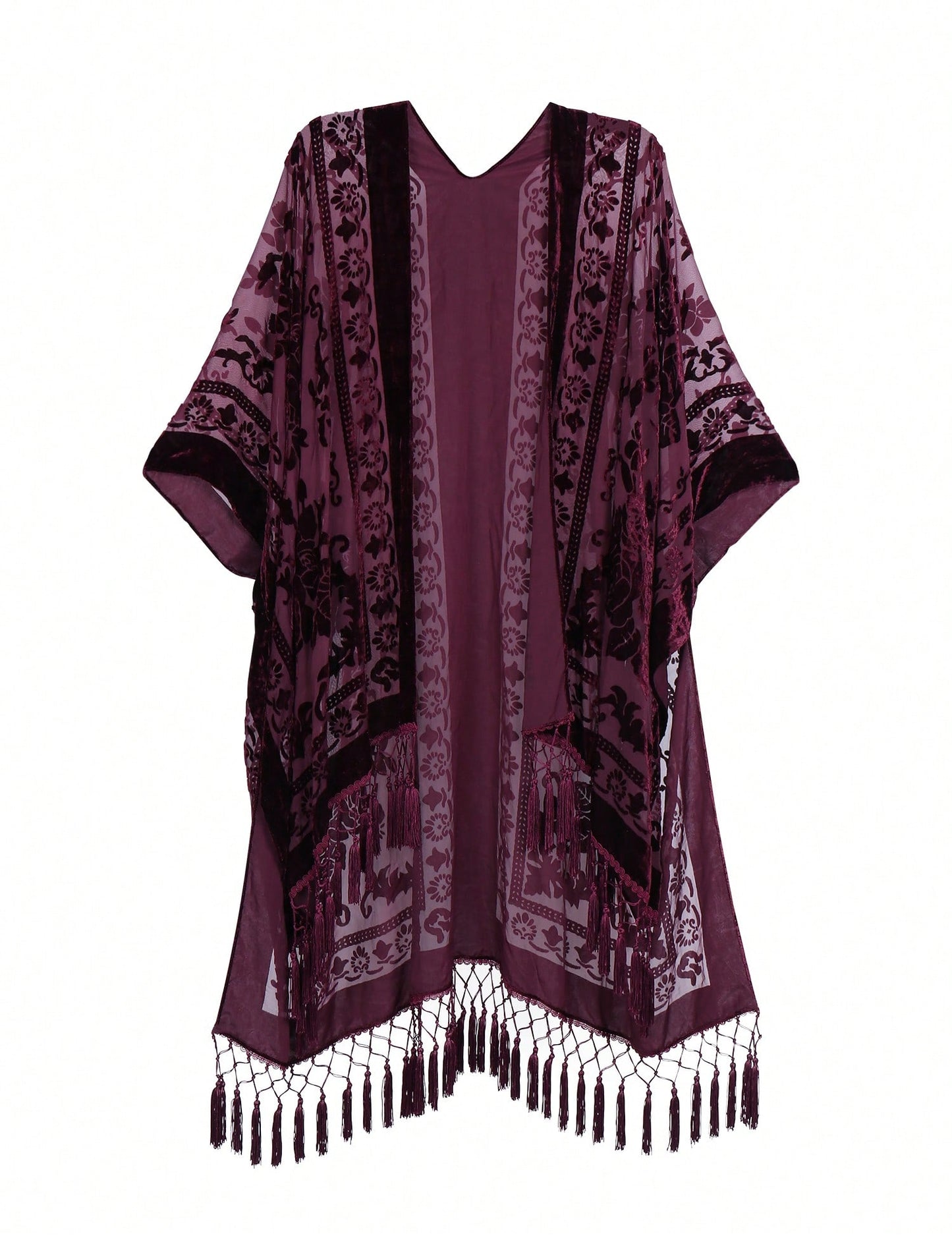 WeHello Women's Boho Burnout Velvet Kimono Long Cover Up With Tassel Casual Cardigan Shawl Beachwear Suit Womenswear Swimwear Coverups
