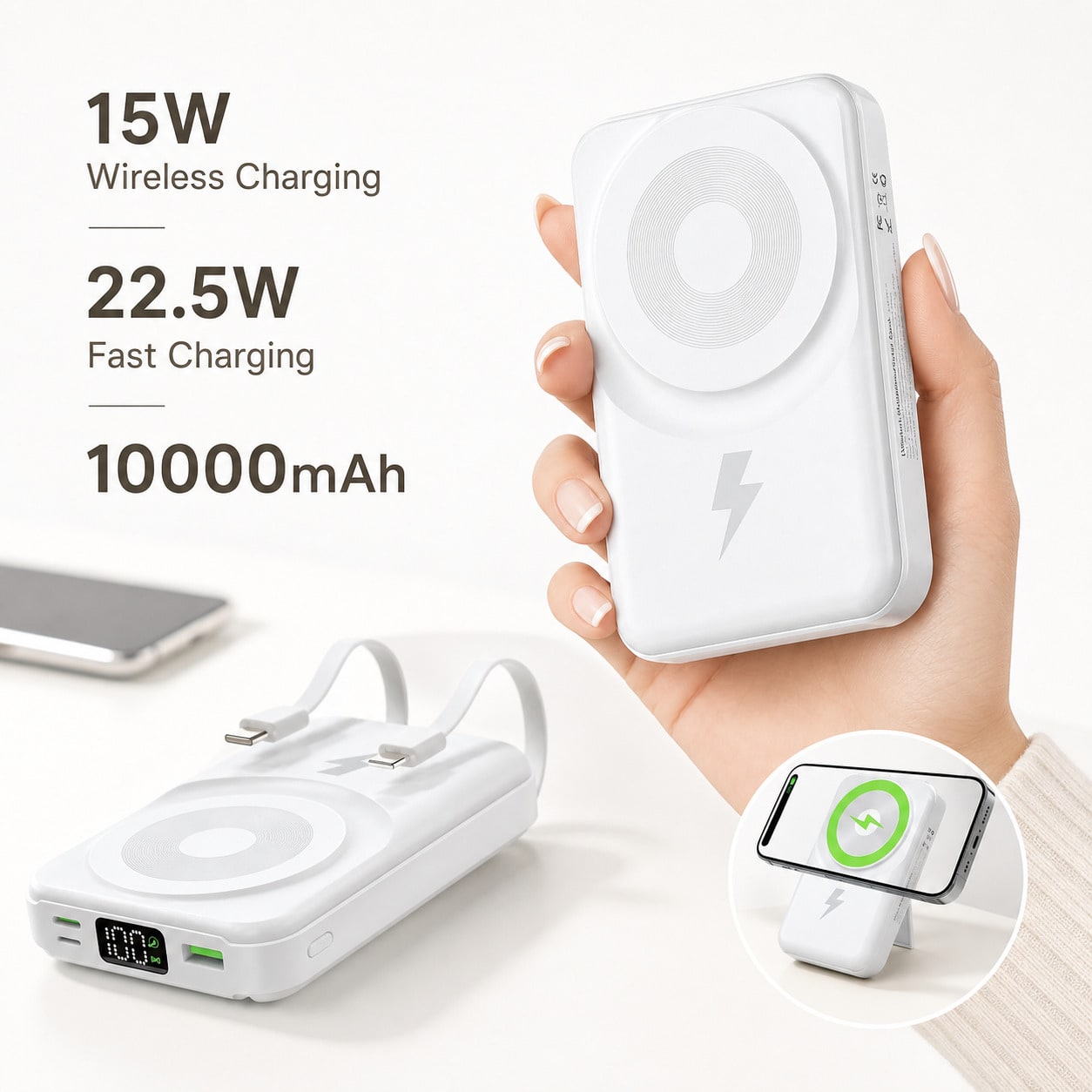 White 10000mAh Wireless Portable Charger With Magnetic Alignment And 22.5W Fast Charge, With Digital Battery Percentage Display, Fold-Out Kickstand And Green Circular Magnetic Pad, Designed For IPhone