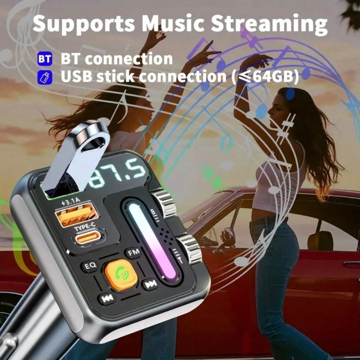 Wireless FM Transmitter Car Adapter- Type C Fast Charge & USB Port, HiFi Treble & Bass Player, Color Screen & Music Light Bar, Large Knob+Double Roller Design, Supports USB Drive Reading, Without Bat