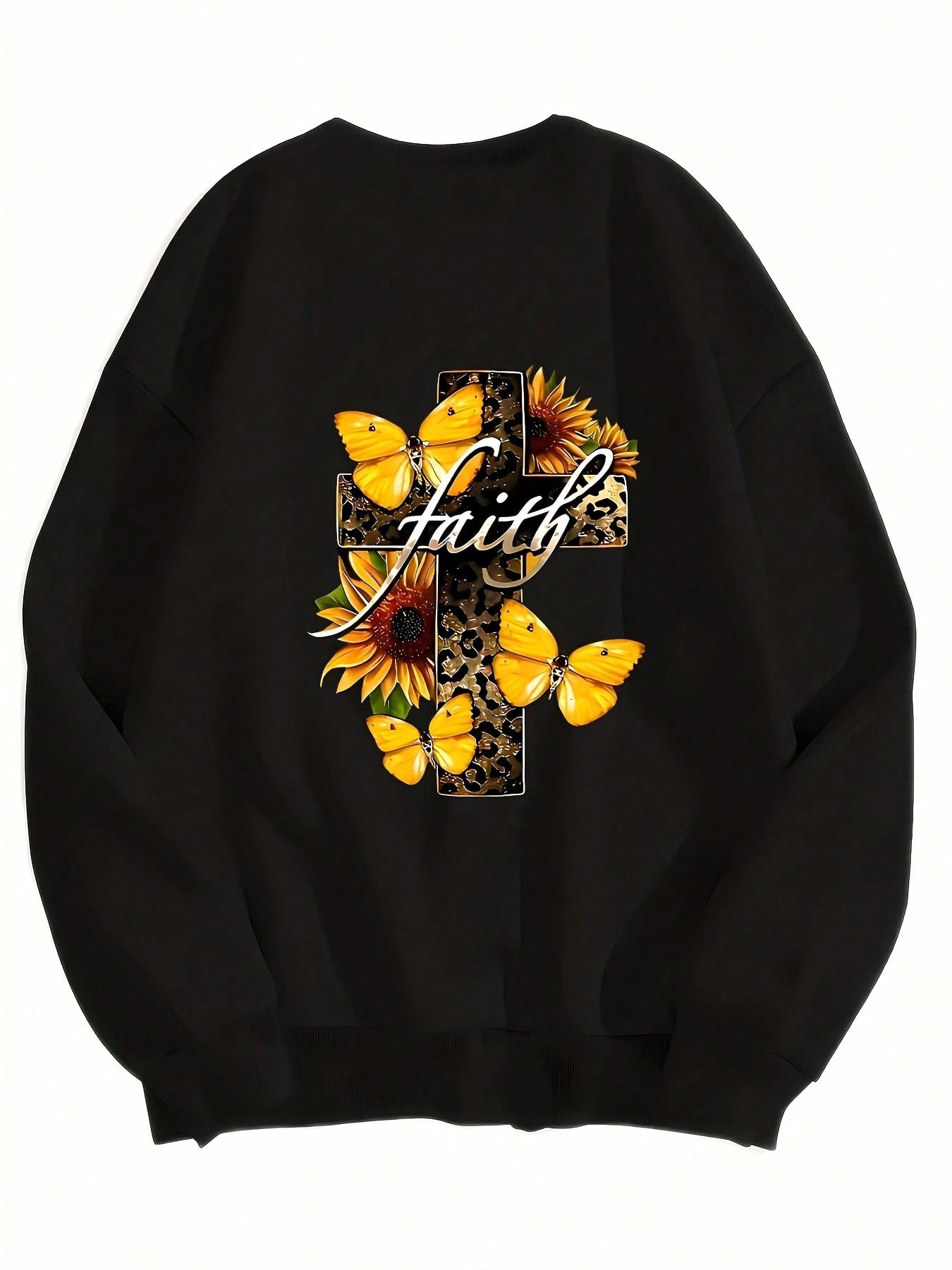 Women Hoodie Faith Cross Sunflower Butterfly Print Long Sleeve Sweatshirt Fashion Design Casual Wear Comfortable Soft Cotton Blend Fabric With Style Everyday Outfit Perfect Gift