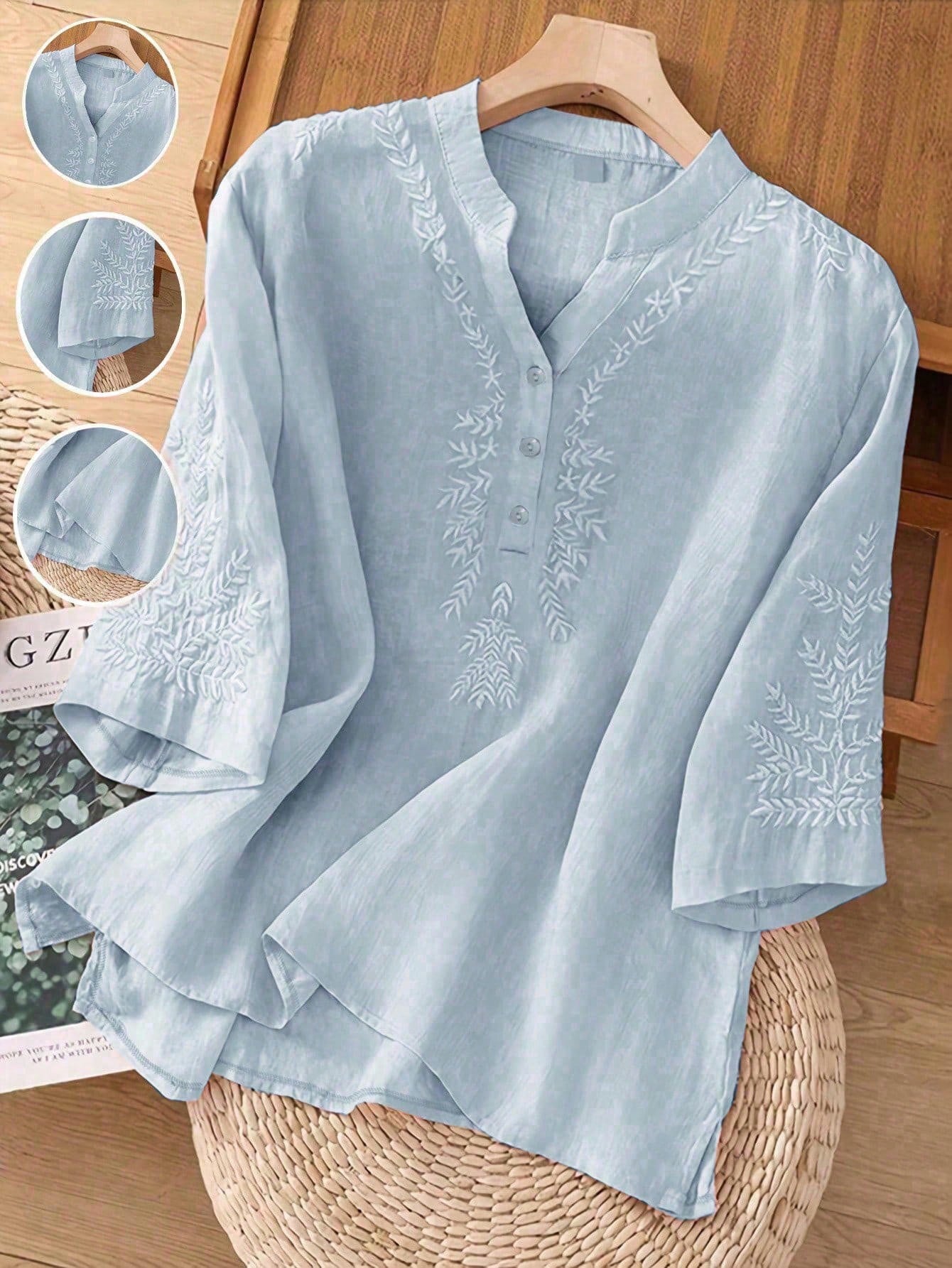 Women's Elegant Vintage Casual Artistic Embroidered Blouse, Solid Color Non-Positioned Embroidery Loose Casual Linen Boho Top Summer