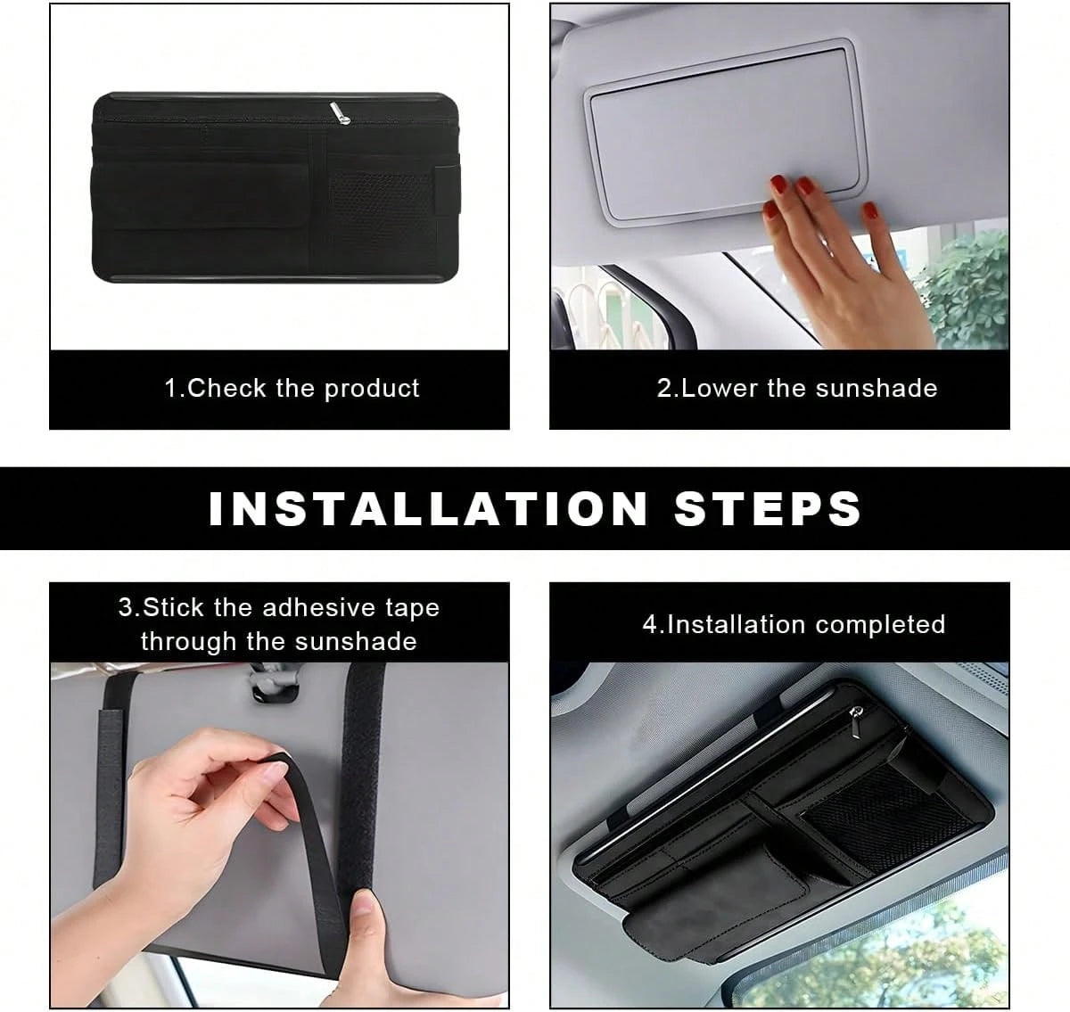 YTFRL Car Sun Visor Organizer, Soft Leather Vehicle Sunshade Glasses Storage Bag With Net Zipper, Automotive Multi-Pocket Organizer For Drive License Card Glasses Document (Black)