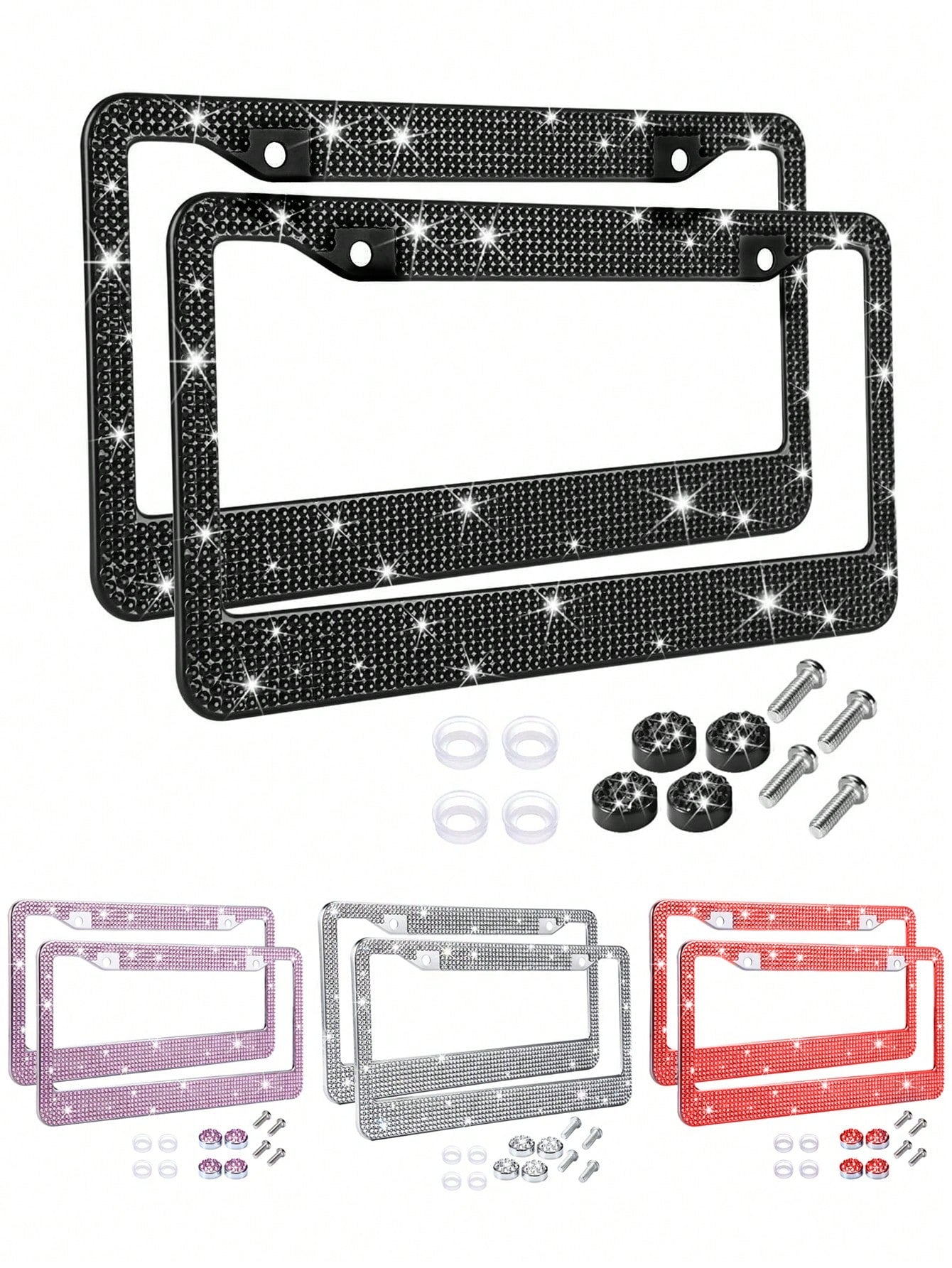 1/2 Pack Diamond Rhinestone Bling License Plate Frames For Women, Men- Sparkly Rhinestone Diamond License Plate Frame Glitter Bedazzleds License Plate Frame Bling Car Licence Plate Frame Holder Cover