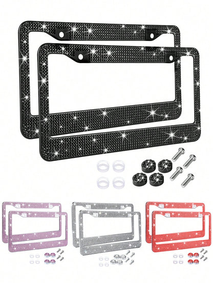 1/2 Pack Diamond Rhinestone Bling License Plate Frames For Women, Men- Sparkly Rhinestone Diamond License Plate Frame Glitter Bedazzleds License Plate Frame Bling Car Licence Plate Frame Holder Cover