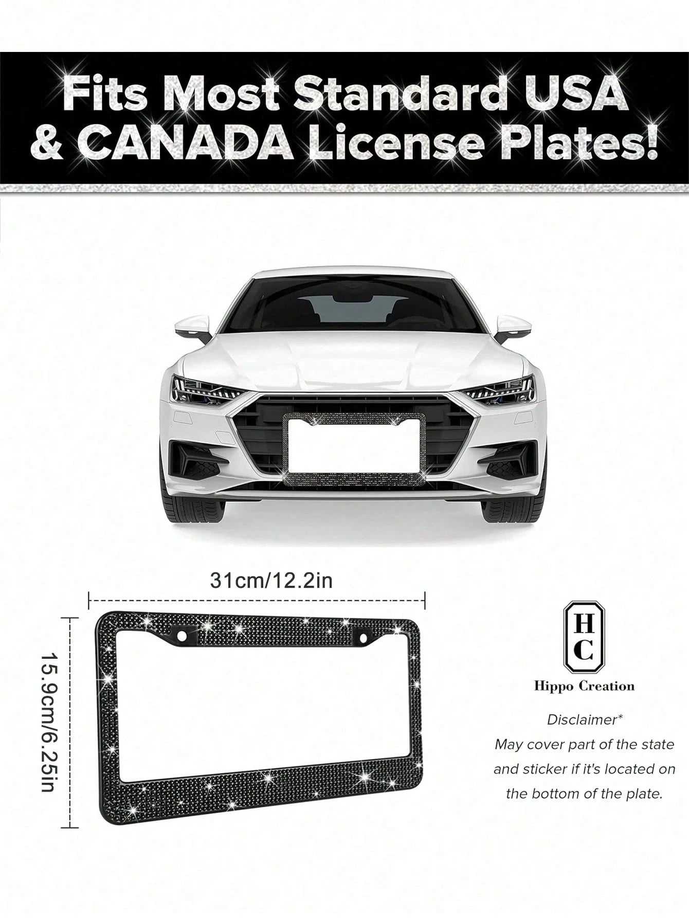 1/2 Pack Diamond Rhinestone Bling License Plate Frames For Women, Men- Sparkly Rhinestone Diamond License Plate Frame Glitter Bedazzleds License Plate Frame Bling Car Licence Plate Frame Holder Cover