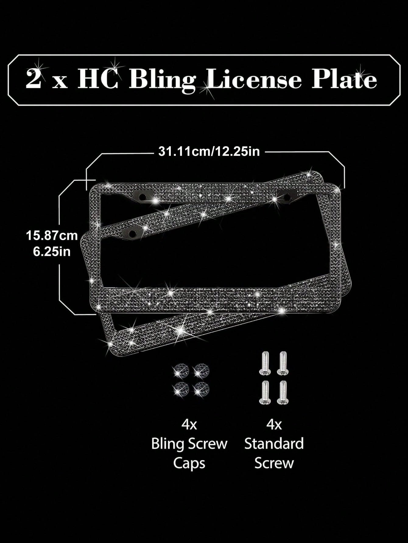 1/2 Pack Diamond Rhinestone Bling License Plate Frames For Women, Men- Sparkly Rhinestone Diamond License Plate Frame Glitter Bedazzleds License Plate Frame Bling Car Licence Plate Frame Holder Cover