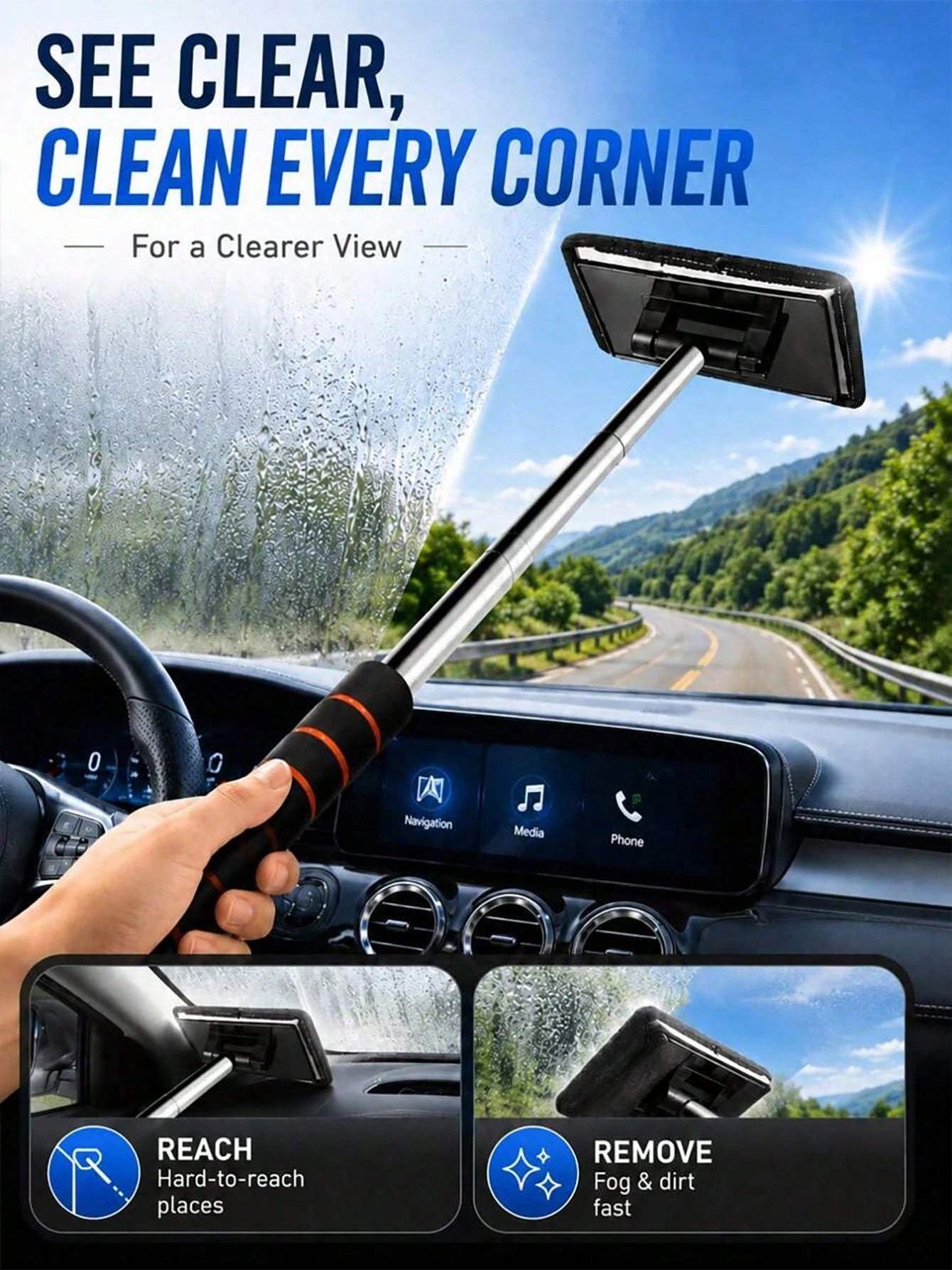 1/3/4pcs Retractable Windshield Cleaning Tool Set, Multi-Functional Car Cleaning Supplies, Telescopic Car Glass Cleaning Brush With Metal Pole And Detachable Washable Microfiber Cloth, For Interior Gl