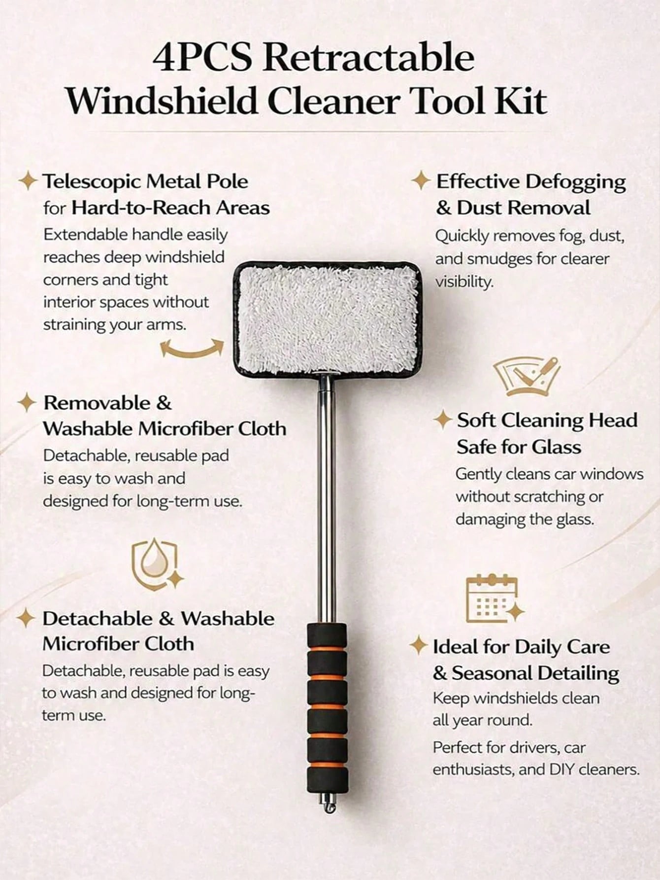 1/3/4pcs Retractable Windshield Cleaning Tool Set, Multi-Functional Car Cleaning Supplies, Telescopic Car Glass Cleaning Brush With Metal Pole And Detachable Washable Microfiber Cloth, For Interior Gl
