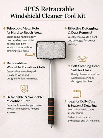1/3/4pcs Retractable Windshield Cleaning Tool Set, Multi-Functional Car Cleaning Supplies, Telescopic Car Glass Cleaning Brush With Metal Pole And Detachable Washable Microfiber Cloth, For Interior Gl