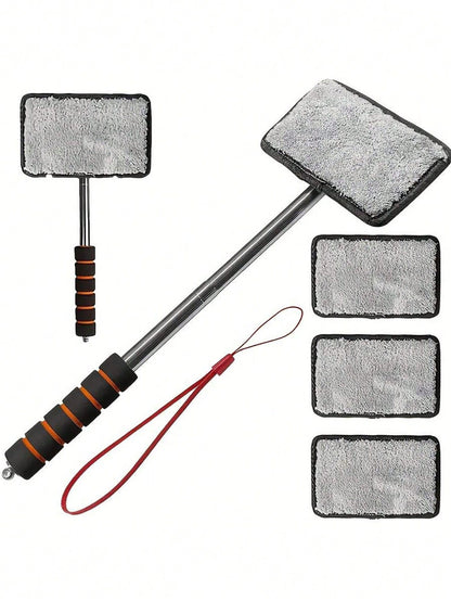 1/3/4pcs Retractable Windshield Cleaning Tool Set, Multi-Functional Car Cleaning Supplies, Telescopic Car Glass Cleaning Brush With Metal Pole And Detachable Washable Microfiber Cloth, For Interior Gl