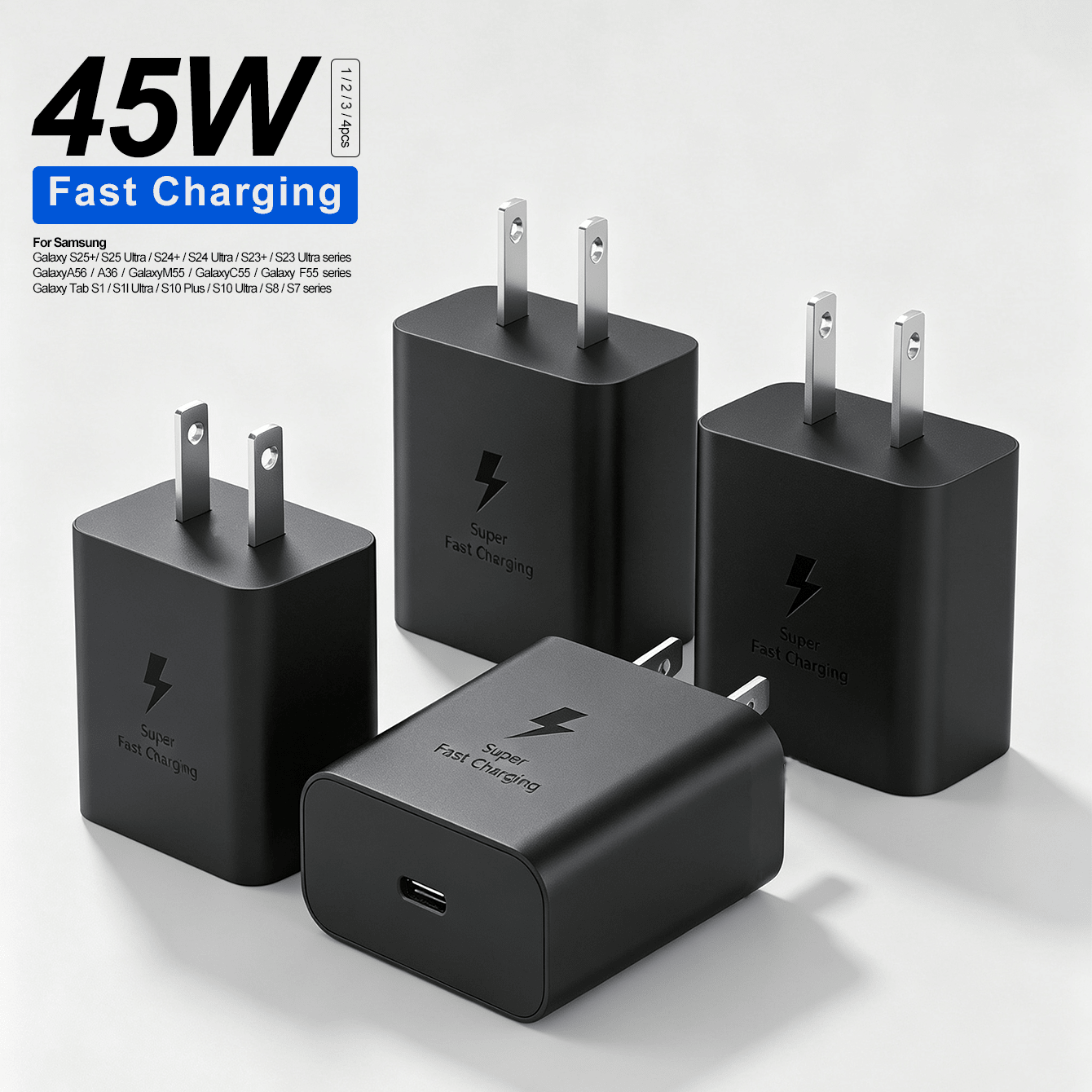 1-4pcs 45W USB C Charger Super Fast Charging Block Type C Wall Charger Super Fast Charging 2.0 For Galaxy S25/S25 Ultra/S25+/S24/S24 Ultra/S24+/S23/S23 Ultra/S23+/S22/Note10/S21/Z Fold/-2 Packs Nan Ph