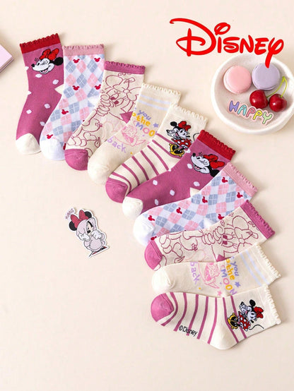 1/5/10 Pairs Disney Girls Mid-Calf Socks With Lace Trim, Christmas & Halloween Kids Socks