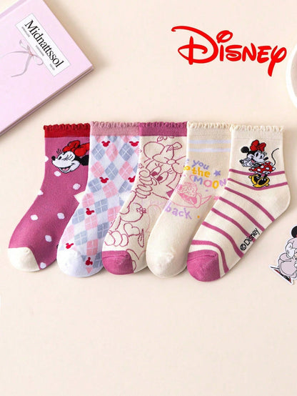 1/5/10 Pairs Disney Girls Mid-Calf Socks With Lace Trim, Christmas & Halloween Kids Socks