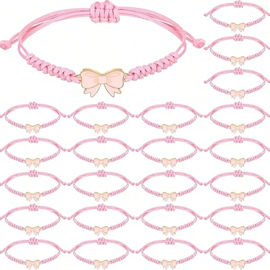1/5/12/20/24/32pcs Pink Bow Bracelet Gift, Adjustable Woven Bracelet, Suitable For Birthday, Wedding, Baby Shower, Gender Reveal Party, Party Favor