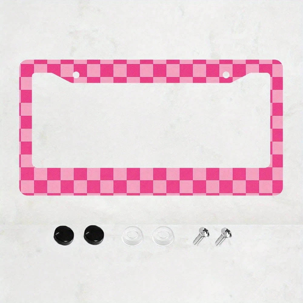 1 Aluminum License Plate Frame| 2D Flat Surface, Grid Pattern, 6.0X 12.0inch, Pink And White, Includes 4 Screws And Rubber Washers, Universal Type, Suitable For All Vehicles, Enhanced Car Accessories