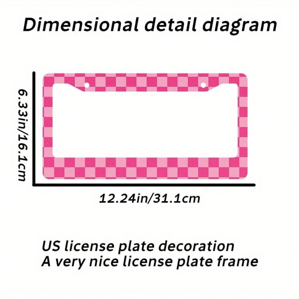 1 Aluminum License Plate Frame| 2D Flat Surface, Grid Pattern, 6.0X 12.0inch, Pink And White, Includes 4 Screws And Rubber Washers, Universal Type, Suitable For All Vehicles, Enhanced Car Accessories