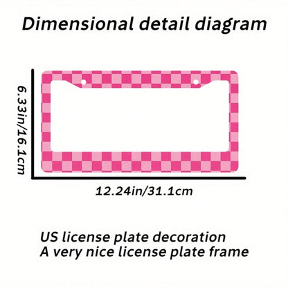 1 Aluminum License Plate Frame| 2D Flat Surface, Grid Pattern, 6.0X 12.0inch, Pink And White, Includes 4 Screws And Rubber Washers, Universal Type, Suitable For All Vehicles, Enhanced Car Accessories