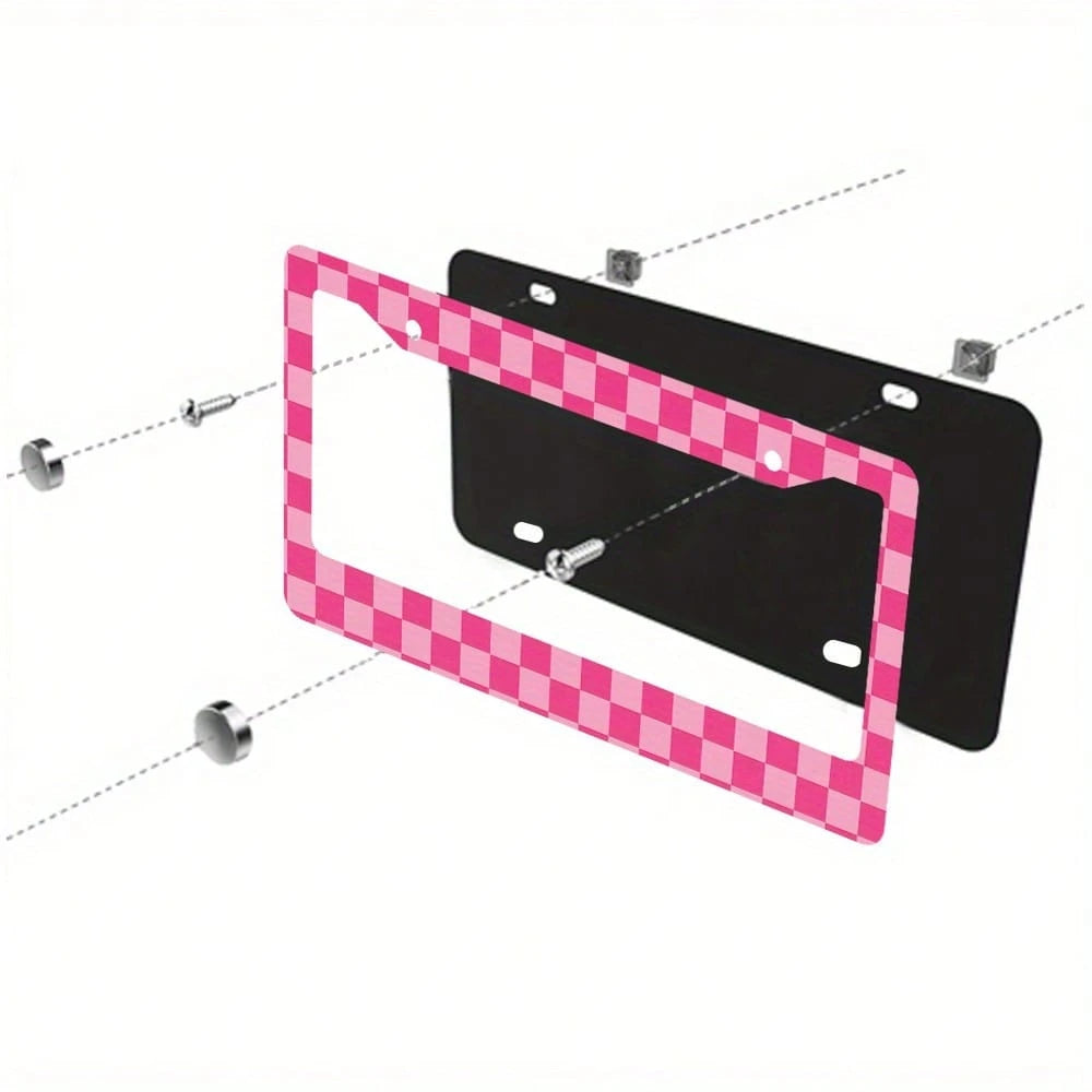 1 Aluminum License Plate Frame| 2D Flat Surface, Grid Pattern, 6.0X 12.0inch, Pink And White, Includes 4 Screws And Rubber Washers, Universal Type, Suitable For All Vehicles, Enhanced Car Accessories
