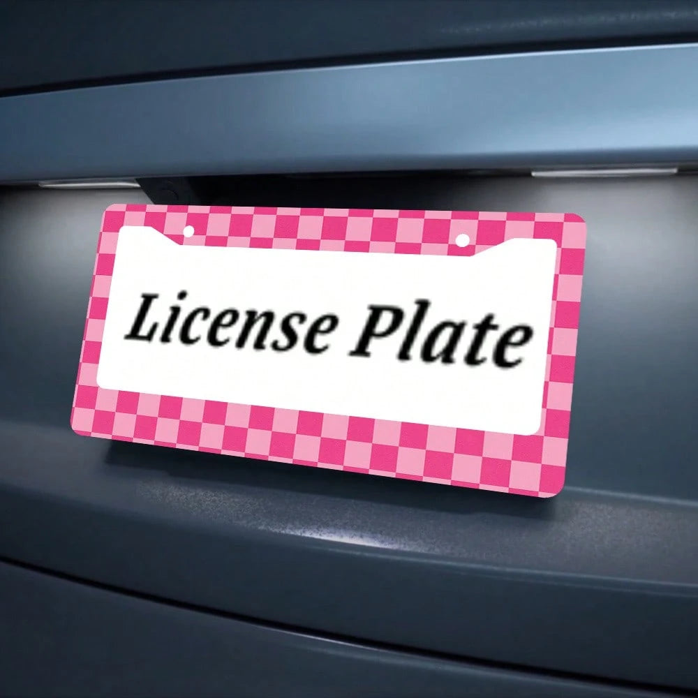 1 Aluminum License Plate Frame| 2D Flat Surface, Grid Pattern, 6.0X 12.0inch, Pink And White, Includes 4 Screws And Rubber Washers, Universal Type, Suitable For All Vehicles, Enhanced Car Accessories