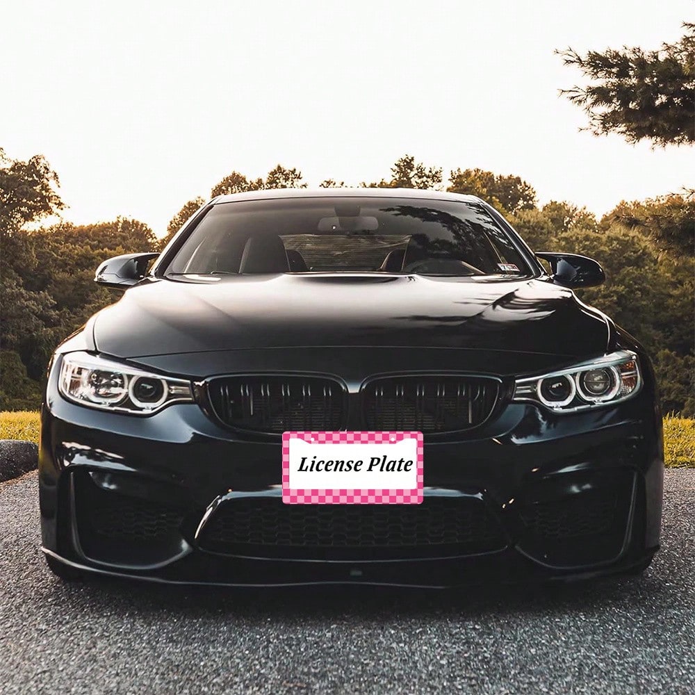 1 Aluminum License Plate Frame| 2D Flat Surface, Grid Pattern, 6.0X 12.0inch, Pink And White, Includes 4 Screws And Rubber Washers, Universal Type, Suitable For All Vehicles, Enhanced Car Accessories