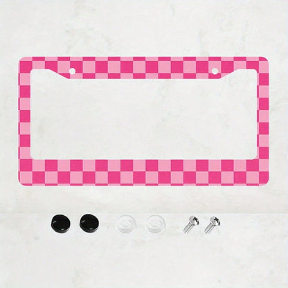 1 Aluminum License Plate Frame| 2D Flat Surface, Grid Pattern, 6.0X 12.0inch, Pink And White, Includes 4 Screws And Rubber Washers, Universal Type, Suitable For All Vehicles, Enhanced Car Accessories