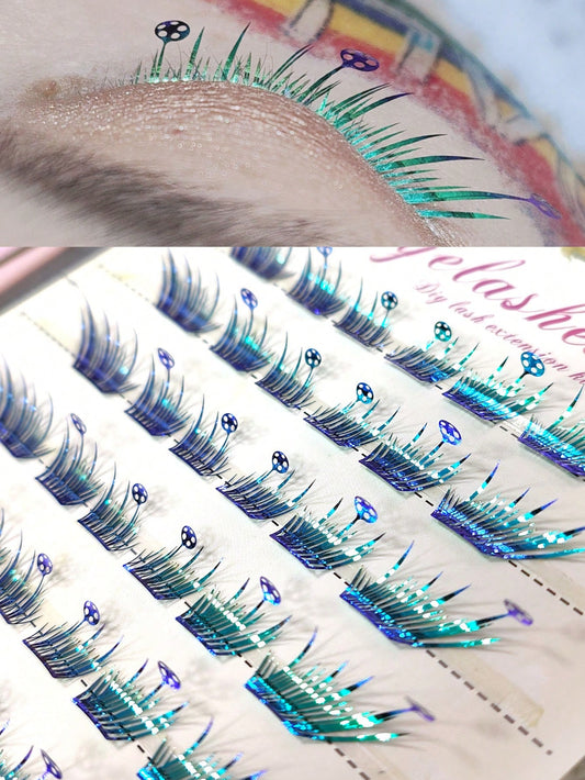 1 Box 6-Row 36pcs Football Theme Segmented False Eyelashes, Blue Laser Gradient Color Single Cluster Eyelashes, Exaggerated Color Style For Party, COSPLAY, Studio Creative Photography