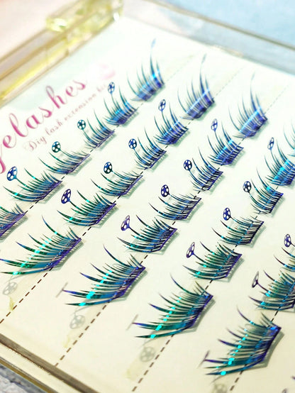 1 Box 6-Row 36pcs Football Theme Segmented False Eyelashes, Blue Laser Gradient Color Single Cluster Eyelashes, Exaggerated Color Style For Party, COSPLAY, Studio Creative Photography