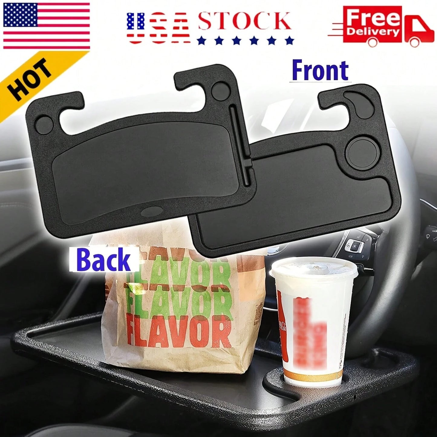 1 Car Tray Table- Double-Sided Adjustable, Car Steering Wheel Table, Multi-Purpose Travel Car Accessory, Multi-Function Drink/Food Holder- In-Car Dining, Work And Video Recording