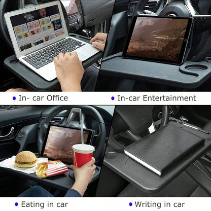 1 Car Tray Table- Double-Sided Adjustable, Car Steering Wheel Table, Multi-Purpose Travel Car Accessory, Multi-Function Drink/Food Holder- In-Car Dining, Work And Video Recording