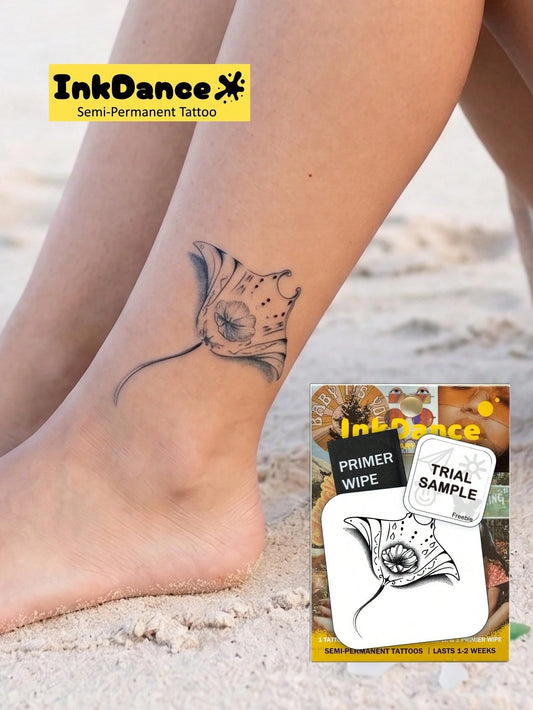 1 Kit "Floral Manta Ray" New Technology Tattoo Sticker, Semi-Permanent, Fine-Line, Ocean-Inspired, Floral, Temporary Tattoo, Fake Tattoo, Waterproof & Long-Lasting Realistic Design, Plant-Based Formul