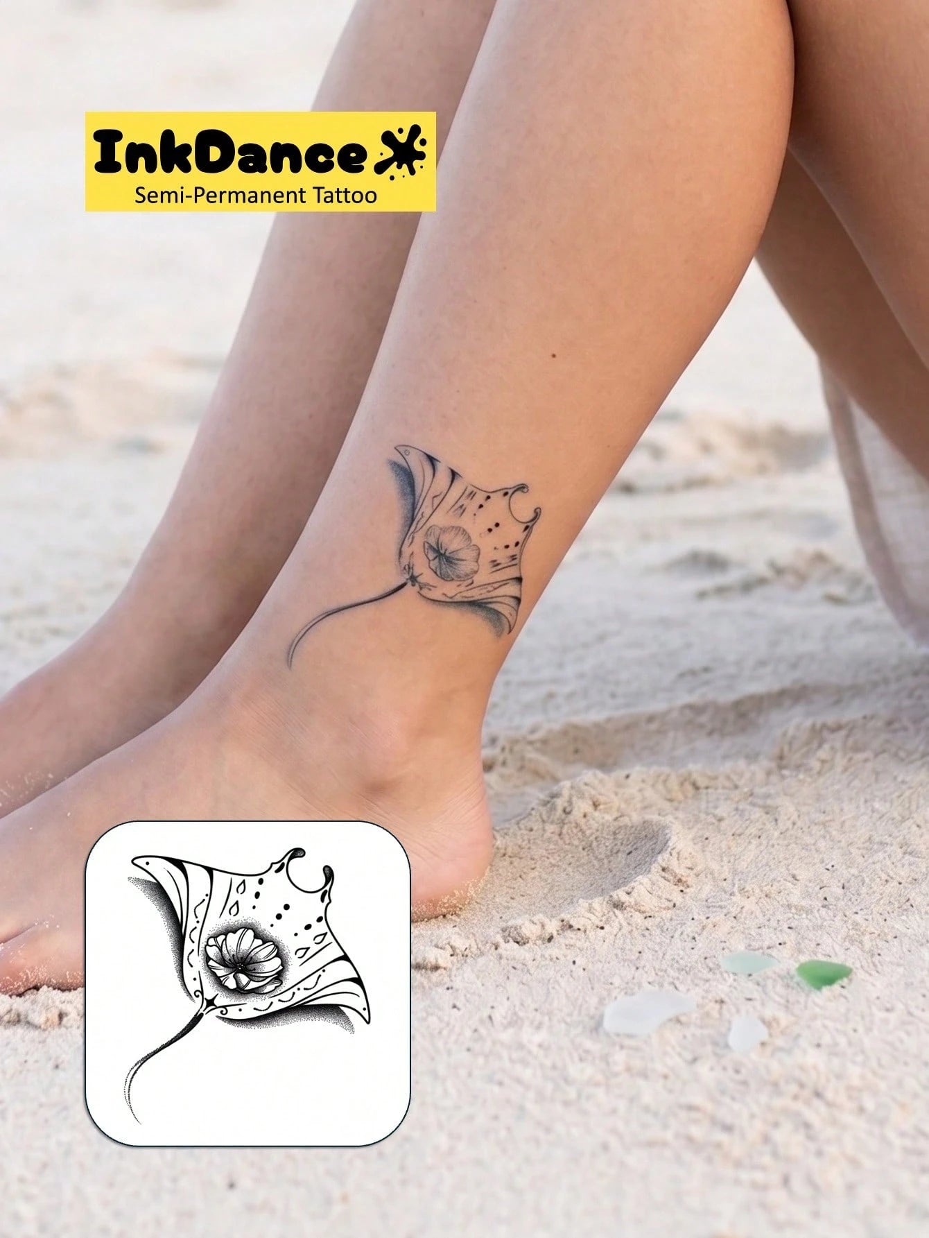 1 Kit "Floral Manta Ray" New Technology Tattoo Sticker, Semi-Permanent, Fine-Line, Ocean-Inspired, Floral, Temporary Tattoo, Fake Tattoo, Waterproof & Long-Lasting Realistic Design, Plant-Based Formul