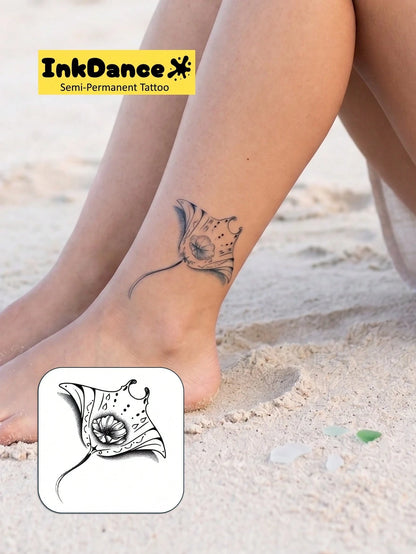 1 Kit "Floral Manta Ray" New Technology Tattoo Sticker, Semi-Permanent, Fine-Line, Ocean-Inspired, Floral, Temporary Tattoo, Fake Tattoo, Waterproof & Long-Lasting Realistic Design, Plant-Based Formul