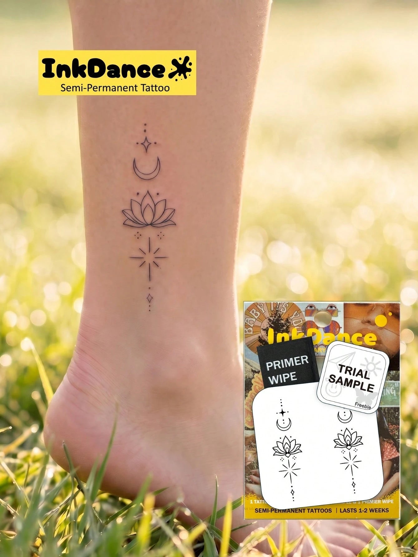 1 Kit "Lotus Moon" New Technology Tattoo Sticker, Semi-Permanent, Spiritual, Fine-Line, Dainty, Temporary Tattoo, Fake Tattoo, Waterproof & Long-Lasting Realistic Design, Plant-Based Formula, InkDance