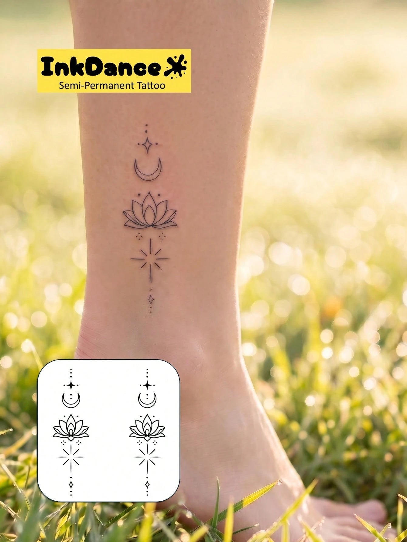 1 Kit "Lotus Moon" New Technology Tattoo Sticker, Semi-Permanent, Spiritual, Fine-Line, Dainty, Temporary Tattoo, Fake Tattoo, Waterproof & Long-Lasting Realistic Design, Plant-Based Formula, InkDance
