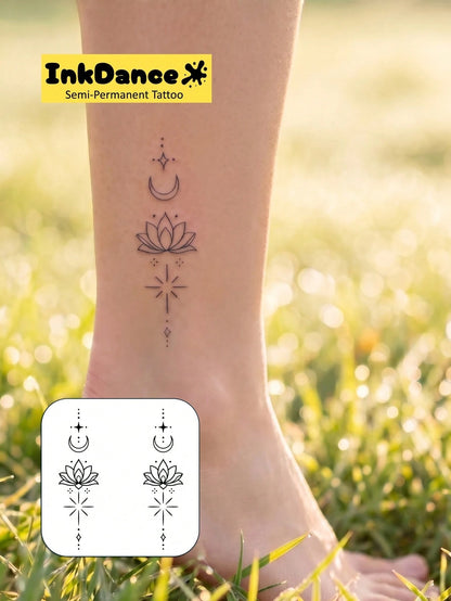 1 Kit "Lotus Moon" New Technology Tattoo Sticker, Semi-Permanent, Spiritual, Fine-Line, Dainty, Temporary Tattoo, Fake Tattoo, Waterproof & Long-Lasting Realistic Design, Plant-Based Formula, InkDance