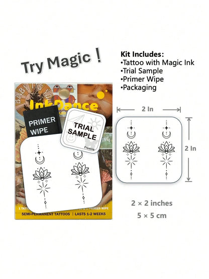 1 Kit "Lotus Moon" New Technology Tattoo Sticker, Semi-Permanent, Spiritual, Fine-Line, Dainty, Temporary Tattoo, Fake Tattoo, Waterproof & Long-Lasting Realistic Design, Plant-Based Formula, InkDance
