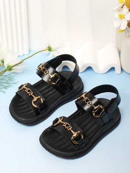 1 Pair Baby Girls Black Hook And Loop Sandals, Simple, Comfortable Casual Outdoor Beach Shoes For Toddler