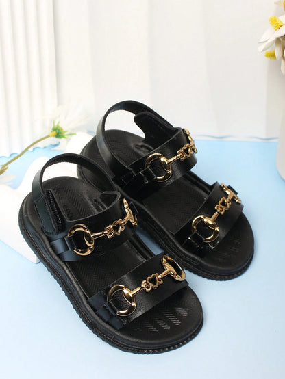 1 Pair Baby Girls Black Hook And Loop Sandals, Simple, Comfortable Casual Outdoor Beach Shoes For Toddler
