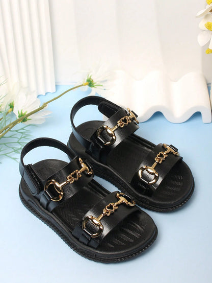 1 Pair Baby Girls Black Hook And Loop Sandals, Simple, Comfortable Casual Outdoor Beach Shoes For Toddler