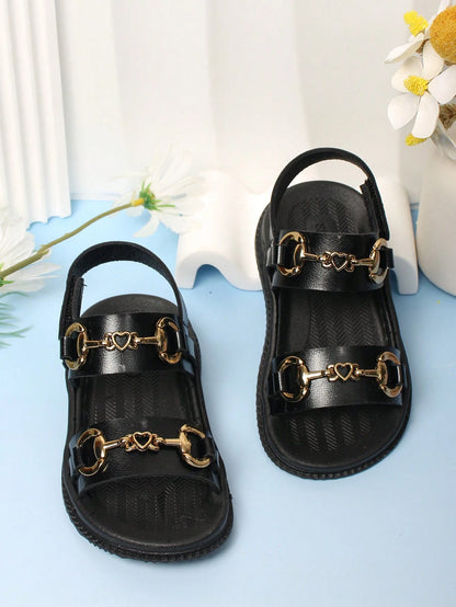 1 Pair Baby Girls Black Hook And Loop Sandals, Simple, Comfortable Casual Outdoor Beach Shoes For Toddler