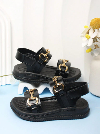 1 Pair Baby Girls Black Hook And Loop Sandals, Simple, Comfortable Casual Outdoor Beach Shoes For Toddler