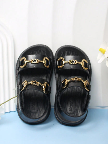 1 Pair Baby Girls Black Hook And Loop Sandals, Simple, Comfortable Casual Outdoor Beach Shoes For Toddler