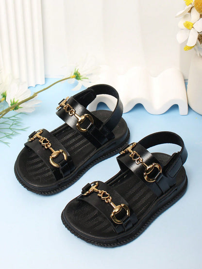 1 Pair Baby Girls Black Hook And Loop Sandals, Simple, Comfortable Casual Outdoor Beach Shoes For Toddler