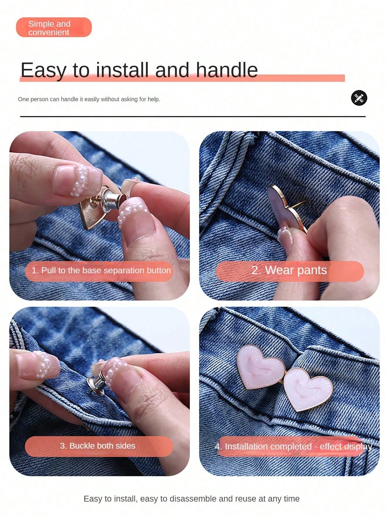 1 Pair Heart Shaped Adjustable Detachable Snap Fastener With Faux Pearl Metal