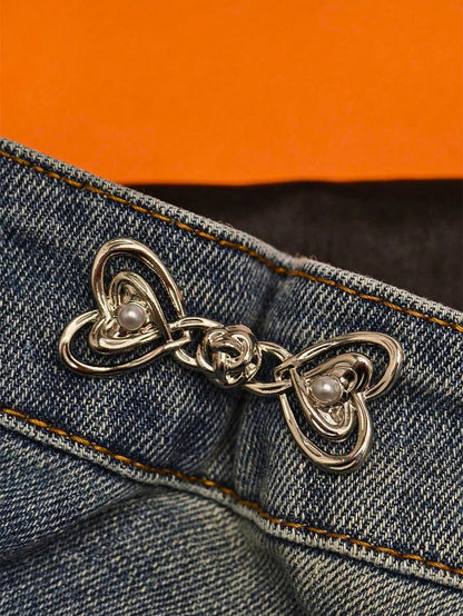 1 Pair Of High-End Pearl Heart-Shaped Brooch Waist Adjuster For Jeans Skirts, Premium Quality With Adjustable Waistband Buckle
