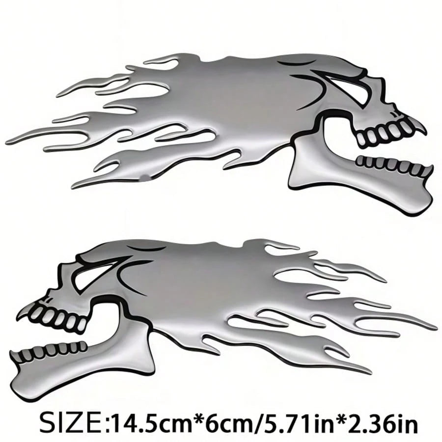 1 Pair Silver Skull Flame Soft Rubber Stickers, 3D Soft Rubber Craft, Strong Adhesion, Motorcycle Fuel Tank, Car, Electric Vehicle Exterior Decoration Accessories