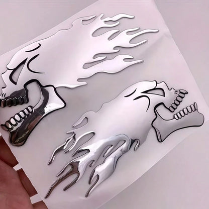 1 Pair Silver Skull Flame Soft Rubber Stickers, 3D Soft Rubber Craft, Strong Adhesion, Motorcycle Fuel Tank, Car, Electric Vehicle Exterior Decoration Accessories