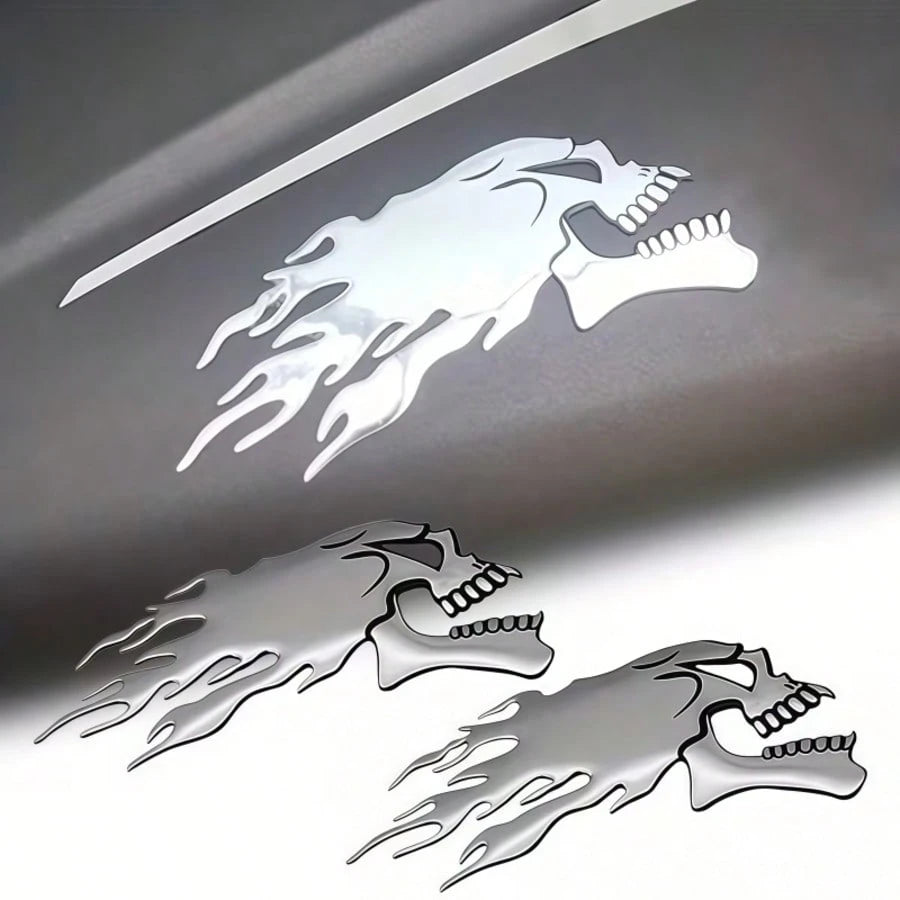 1 Pair Silver Skull Flame Soft Rubber Stickers, 3D Soft Rubber Craft, Strong Adhesion, Motorcycle Fuel Tank, Car, Electric Vehicle Exterior Decoration Accessories